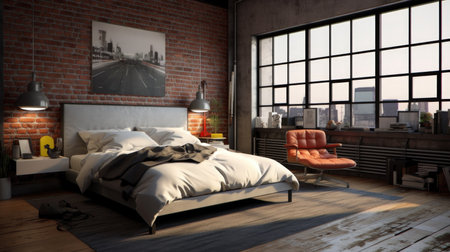 Bedroom decor, home interior design . Industrial Minimalist style with Exposed Brick decorated with Concrete and Metal material . Generative AI AIG26.の素材