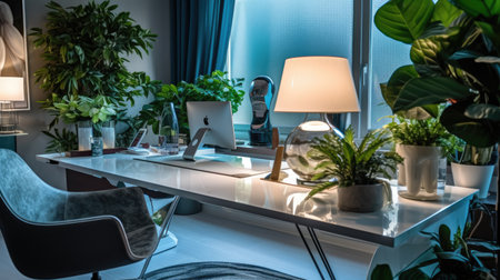 Inspiring office interior design Modern style Home Office featuring Statement desk architecture. Generative AI AIG 31.の素材