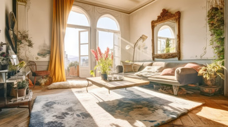 The bright interior of luxurious cozy living room with chic soft beige furniture in sunlight. Generative AI AIG27.の素材