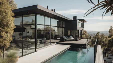 Home architecture design in Contemporary Style with Cantilevered constructed by Glass and Steel material. Contemporary architecture style. Generative AI AIG25 .の素材