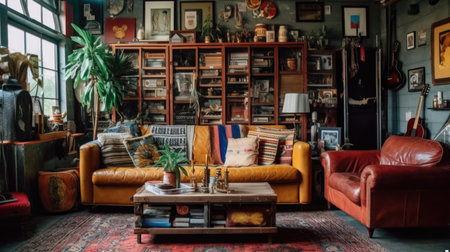 Living room decor, home interior design . Bohemian Industrial style with Gallery Wall decorated with Wood and Metal material . Generative AI AIG26.の素材