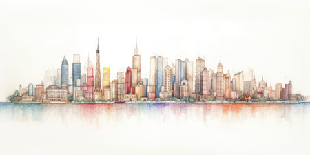 city skyline color pencil drawing on white background. beautiful Generative AI AIG32の素材