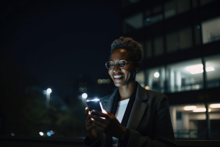 a senior african-american businesswoman executive using mobile phone with background of modern office buildings at night Generative AI AIG18.の素材