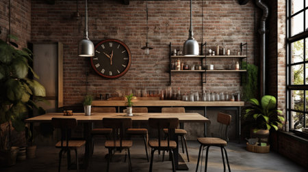 Interior design inspiration of Industrial Rustic style home dining room loveliness decorated with Metal and Wood material and Exposed brick wall .Generative AI home interior design .の素材