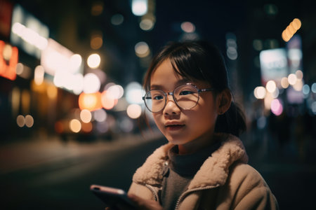 Wide angle shot of a young chinese japanese 10-year-old little girl trendy clothes using mobile phone with background of urban city street at night. Generative AI AIG18.の素材