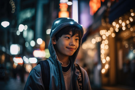 Wide angle shot of a young chinese japanese 10-year-old little boy trendy clothes using mobile phone with background of urban city street at night. Generative AI AIG18.の素材