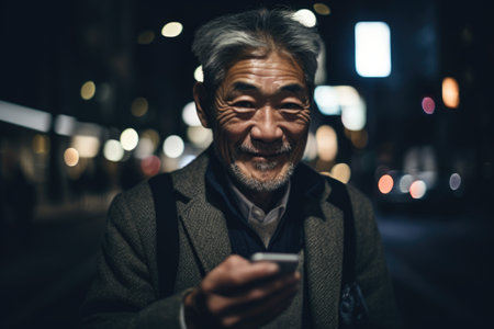 Wide angle shot of a senior chinese japanese man trendy clothes using mobile phone with background of urban city street at night. Generative AI AIG18.の素材