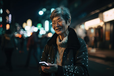 Wide angle shot of a senior chinese japanese woman trendy clothes using mobile phone with background of urban city street at night. Generative AI AIG18.の素材