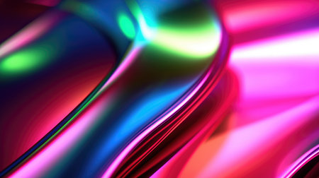 The close up of a glossy metal surface in hot pink, electric blue, and neon green colors with a soft focus. Generative AI AIG30.の写真素材