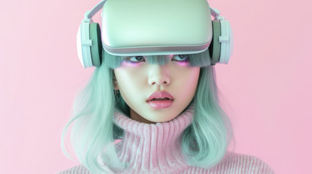Pink pastel trendy fashion outfit with beautiful asian female model, colorful dyed hair and fashionable teenager girl. Picturesque generative AIの素材