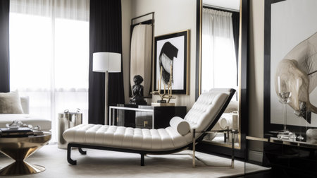 Living room decor, home interior design . Art Deco Contemporary style with Large Window decorated with Velvet and Marble material . Generative AI AIG26.の素材