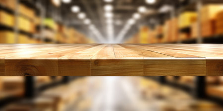 The empty wooden table top with blur background of factory. Exuberant image.の素材