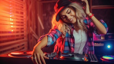 A happy DJ woman wearing a plaid shirt and hat is having fun playing music at a club party. Generative AI AIG30.の素材