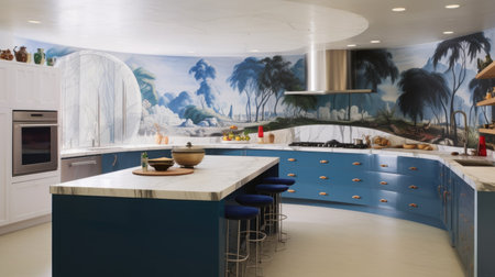 The interior design of colorful modern kitchen with blue tone countertop and beautiful wall. Generative AI AIG27.の素材
