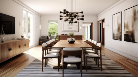Interior design inspiration of Modern Minimal style home dining room loveliness decorated with Wood and Glass material and Chandelier .Generative AI home interior design .の素材