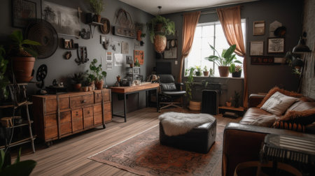 Bedroom decor, home interior design . Industrial Bohemian style with Gallery Wall decorated with Concrete and Wood material . Generative AI AIG26.の素材