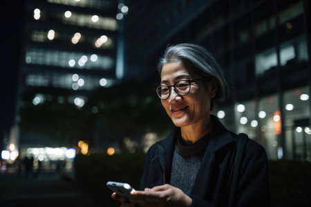 Wide angle shot of a senior chinese japanese businesswoman executive using mobile phone with background of modern office buildings at night. Generative AI AIG18.の素材