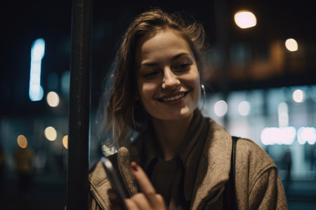 Low angle shot of a young caucasian woman trendy clothes using mobile phone with background of urban city street at night. Generative AI AIG18.の素材