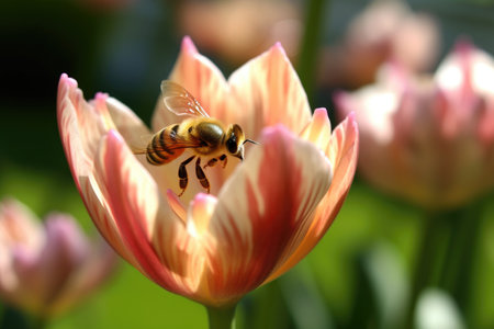 The macro photography of a honey bee approaches a tulip in full bloom on a summer day. Generative AI AIG27.の素材