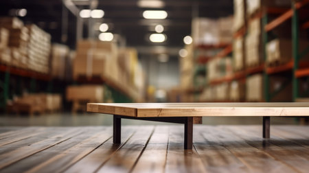 The empty wooden table top with blur background of a large warehouse. Generative AI image AIG30.の素材