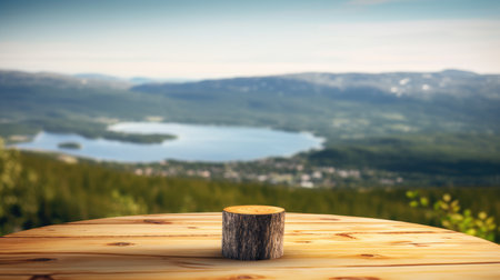 The empty wooden brown table top with blur background of Norway in summer. Generative AI image AIG30.の素材