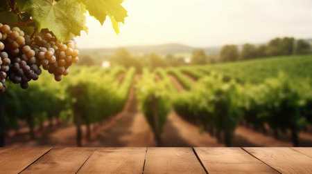 The empty wooden table top with blur background of vineyard. Exuberant image.の素材