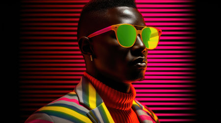 Young male model posing with trendy man fashion outfit and colorful vibrant glowing green and pink optical art abstract background. Picturesque generative AIの素材