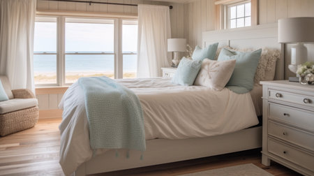 Bedroom decor, home interior design . Coastal Nautical style with Ocean View decorated with Wood and Wicker material . Generative AI AIG26.の素材
