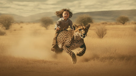 A little boy excited with riding on a cheetah that running fast speed across a vast savannah. Generative AI AIG27.の素材