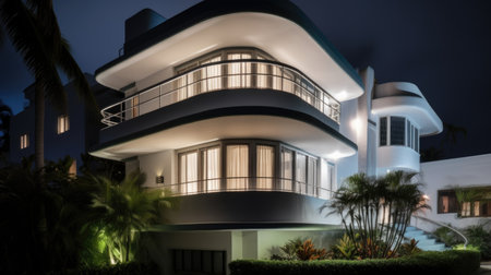 Home architecture design in Art Deco Style with Circular driveway constructed by Concrete and Glass material. Streamlined moderne design. Generative AI AIG25 .の素材