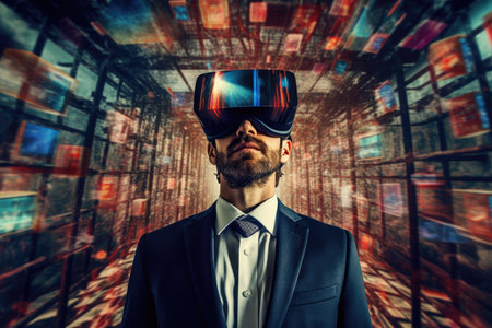 Businessman wearing virtual reality with digital big data transfer from brain to buzzy software showing futuristic technology generative AI imageの素材