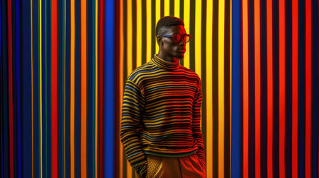 Young male model posing with trendy man fashion outfit and colorful optical art abstract background. Picturesque generative AIの素材