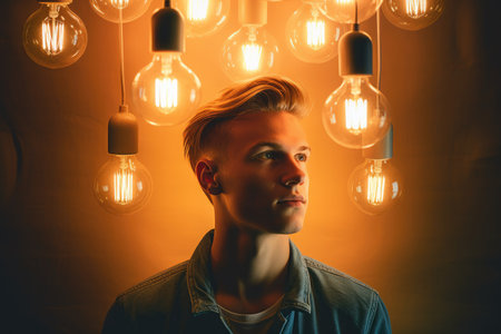 bright light bulb floating above of young scandinavian mans head. beautiful Generative AI AIG32の素材