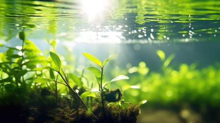 half underwater split, macro photography, stream of fresh water, young green plant, outdoor springtime. beautiful Generative AI AIG32の素材