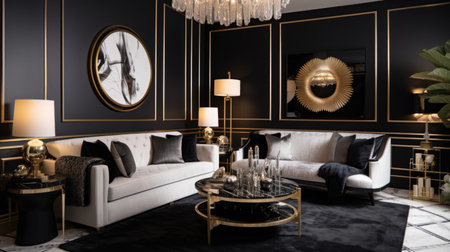 Bedroom decor, home interior design . Modern Art Deco style with Chandelier decorated with Glass and Marble material . Generative AI AIG26.の素材