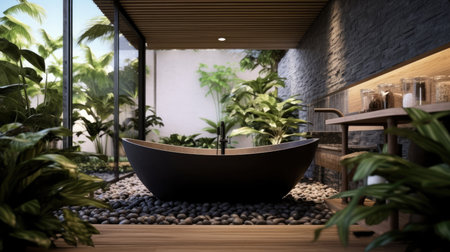 The interior design of wooden and pebbles bathroom style and square bathtub in dark tone color with nature view. Generative AI image AIG30.の素材