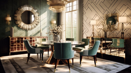 Interior design inspiration of Art Deco Retro style home dining room loveliness decorated with Marble and Brass material and Statement Wall .Generative AI home interior design .の素材