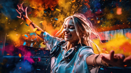 candid an excited DJ young scandinavian woman mixing music at turntables with headphones. beautiful Generative AI AIG32の素材