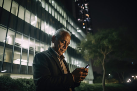 Wide angle shot of a senior mexican hispanic businessman executive using mobile phone with background of modern office buildings at night. Generative AI AIG18.の素材