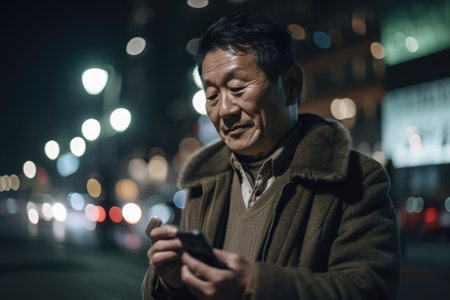 a senior chinese japanese man trendy clothes using mobile phone with background of urban city street at night Generative AI AIG18.の素材