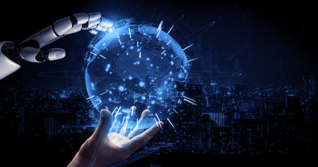 3D rendering artificial intelligence AI research of robot and cyborg development for future of...