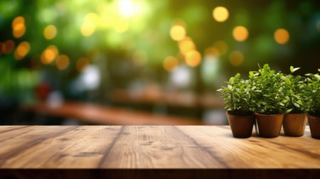 The empty wooden table top with blur background of outdoor cafe. Exuberant image.の素材