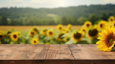 The empty wooden table top with blur background of sunflower field. Generative AI image AIG30.の素材