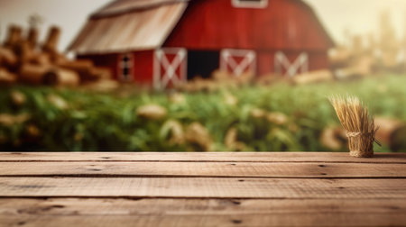 The empty wooden brown table top with blur background of farm and barn. Exuberant image.の素材
