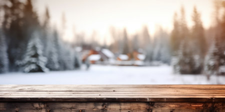 The empty wooden dark brown rustic table top with blur background of winter forest in finland. Exuberant image.の写真素材