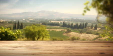 The empty wooden brown table top with blur background of Napa hill landscape. Exuberant image.の素材