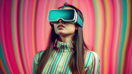 Young female model wearing VR posing with trendy fashion outfit and colorful pastel optical art abstract background. Picturesque generative AIの素材