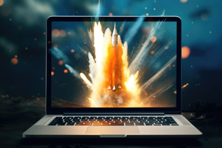 Rocket coming out of laptop screen. beautiful Generative AI AIG32の素材