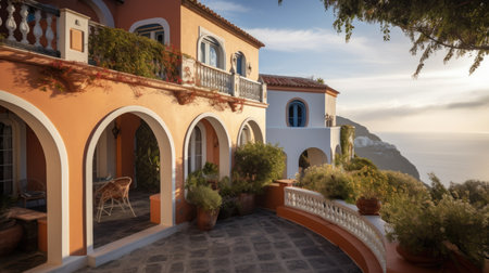 Home architecture design in Mediterranean Style with Courtyard constructed by Stucco and Tile material. Andalusian style. Generative AI AIG25 .の素材