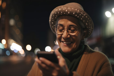 a senior mexican hispanic woman trendy clothes using mobile phone with background of urban city street at night Generative AI AIG18.の素材